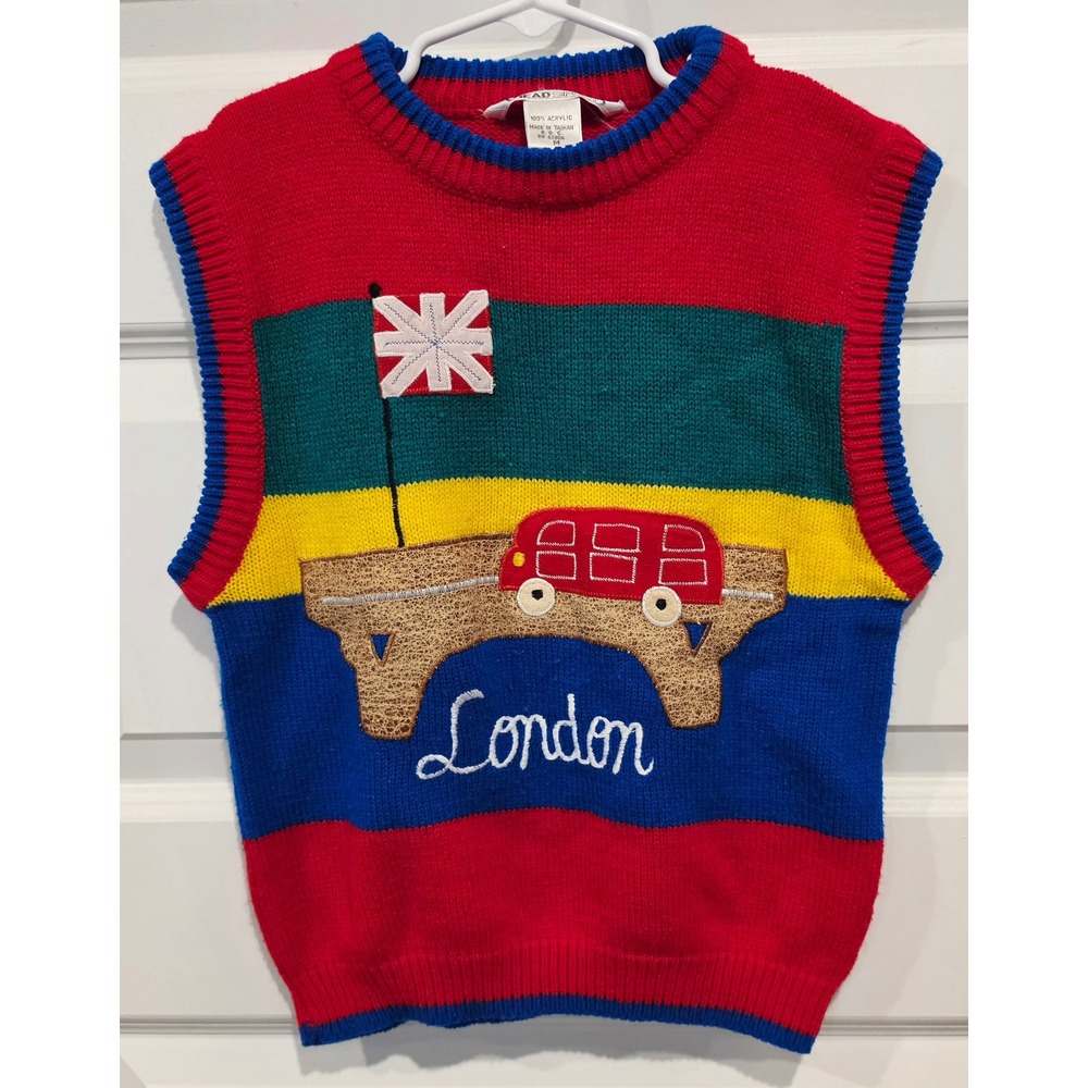 Head Sport Sweater Vest Unisex Kids M Multi Acrylic Vintage London Bus Preppy